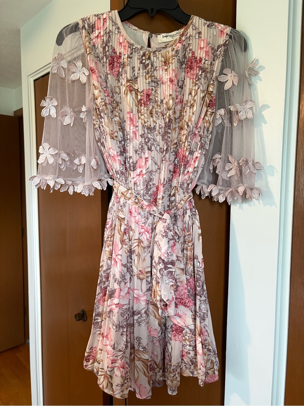 Impressions Boutique Floral Pleated Dress with Lace Sleeve Detail